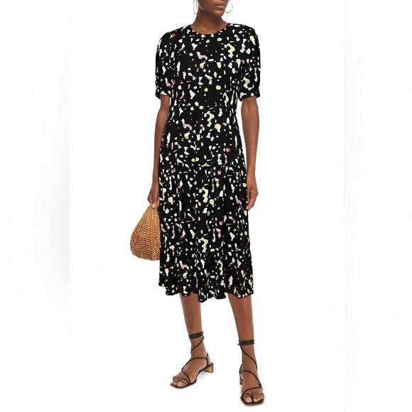 Ba&sh Tonya Gathered Printed Satin Jacquard Midi Dress in Black Spotted Size 2 - Picture 4 of 12